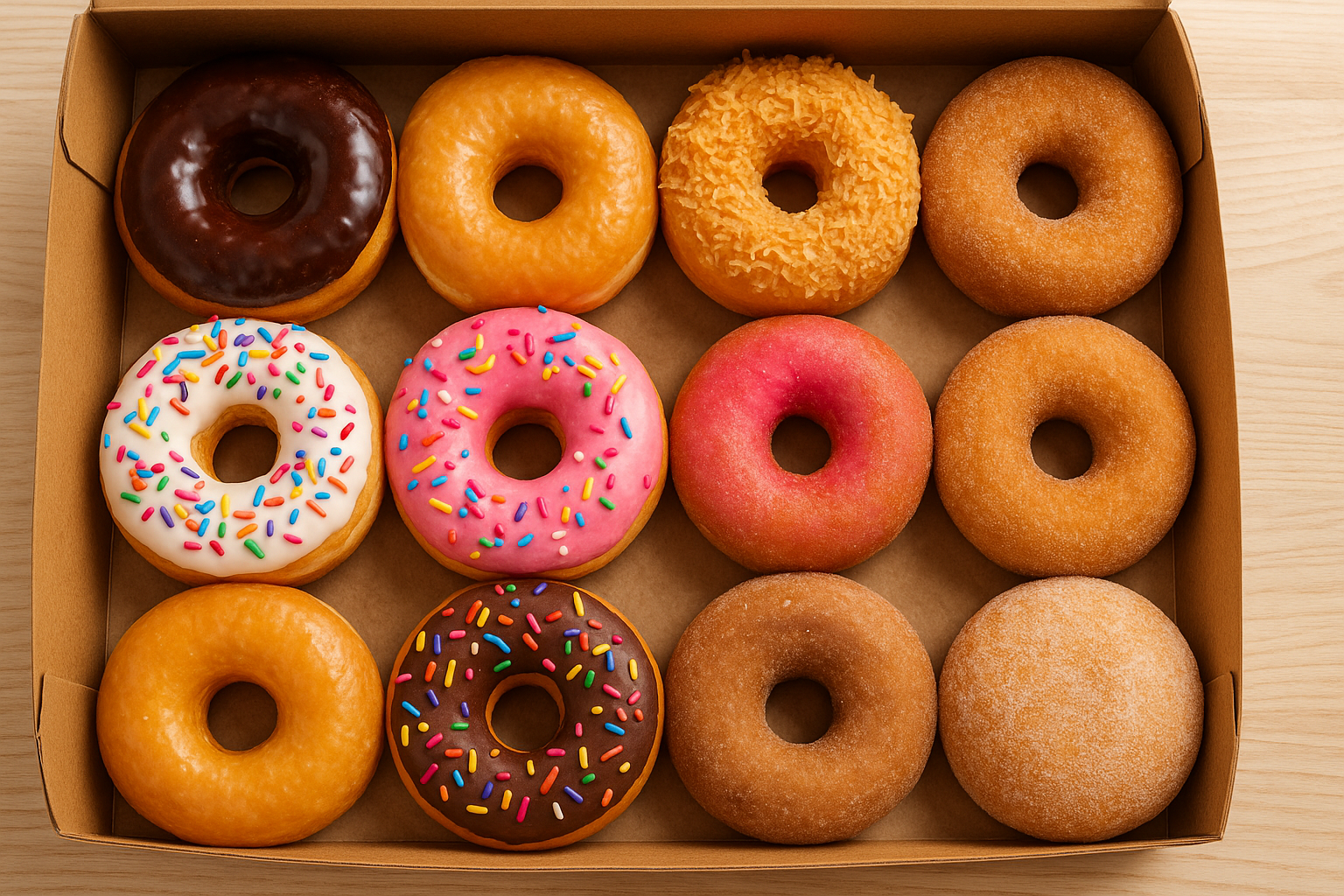 Box of assorted donuts and coffee cups at Dave's Donut Den